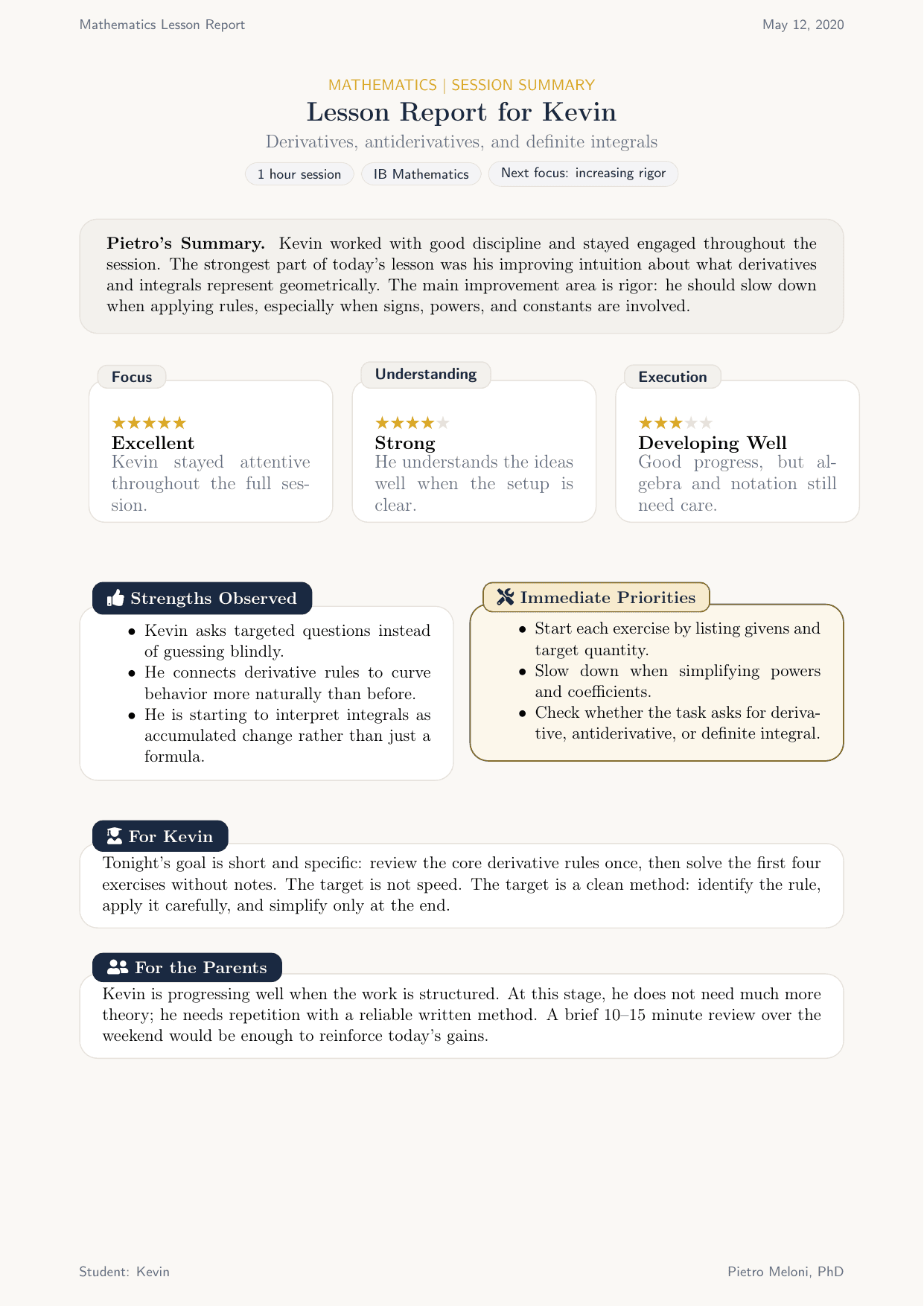 Page 1 — Lesson overview: date, topic, student assessment and key objectives covered during the session.