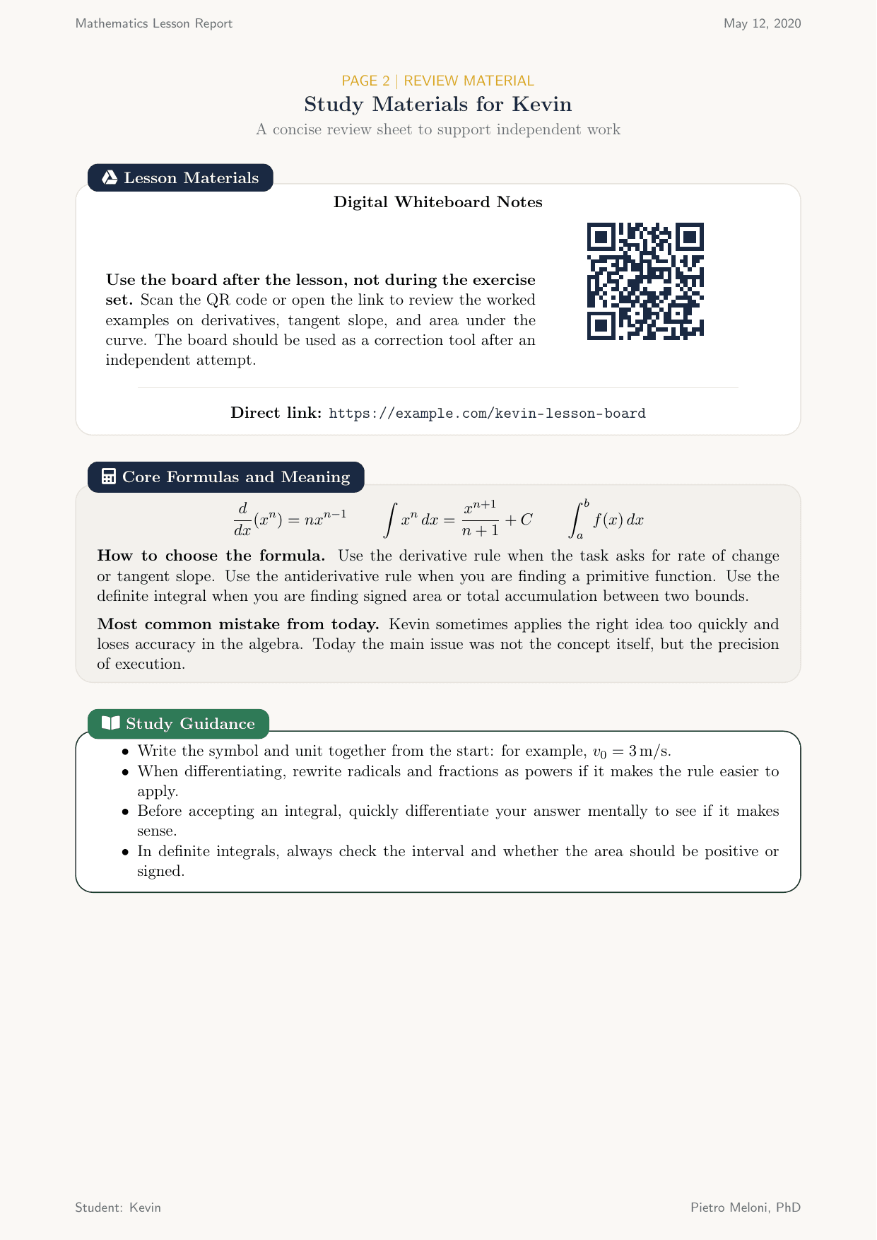 Page 2 — Detailed tips for the student: study strategies, areas of improvement and personalised recommendations.